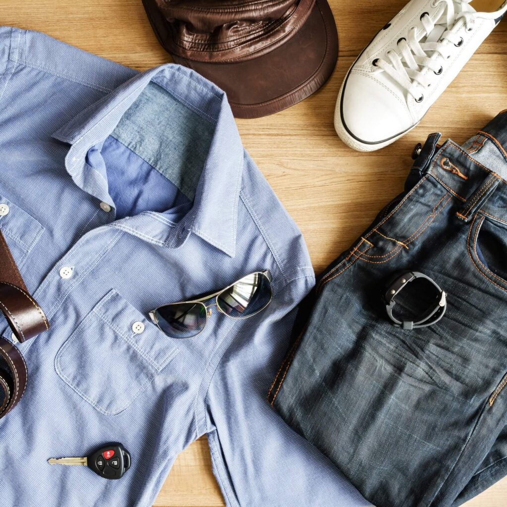 Maximizing sales: proven strategies for retail ecommerce success. flat lay of men casual fashion outfits on wooden b p8xwehx